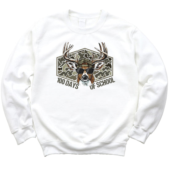 Detail shot of camo-style deer design with sunglasses and 100 days text