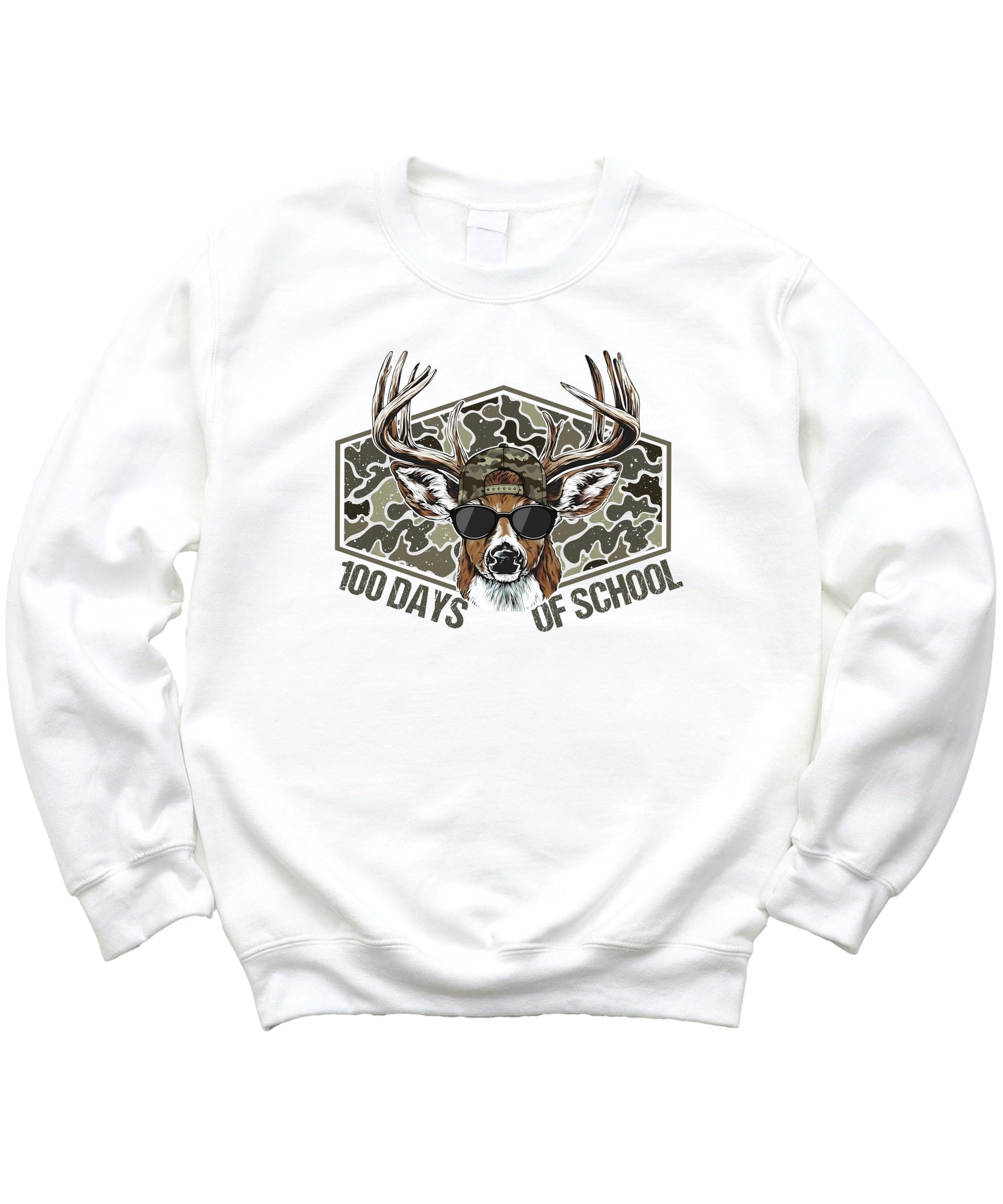 Detail shot of camo-style deer design with sunglasses and 100 days text