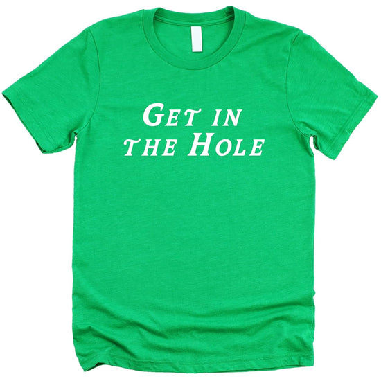 Get in the Hole golf shirt in natural color with bold script lettering across chest