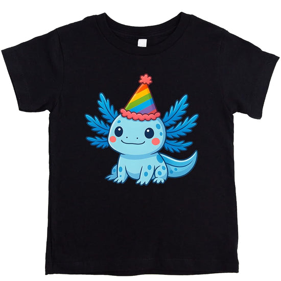 Pink kids t-shirt with cute blue axolotl wearing rainbow party hat birthday graphic design
