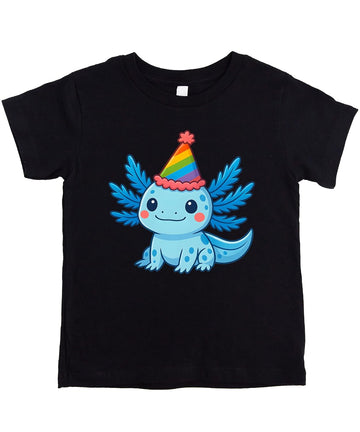 Pink kids t-shirt with cute blue axolotl wearing rainbow party hat birthday graphic design
