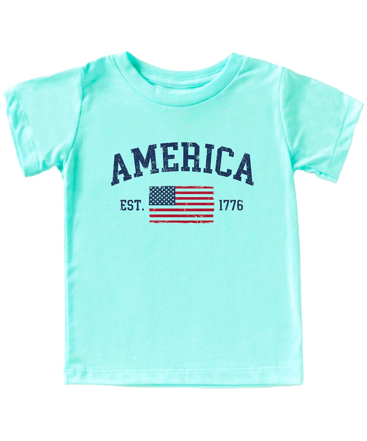 America Est 1776 patriotic shirt with distressed American flag and collegiate arch lettering in natural color