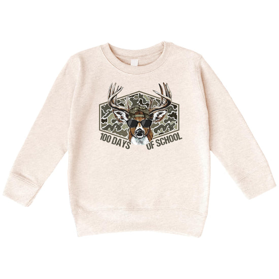 Full front view of 100 Days of School deer crewneck sweatshirt in white