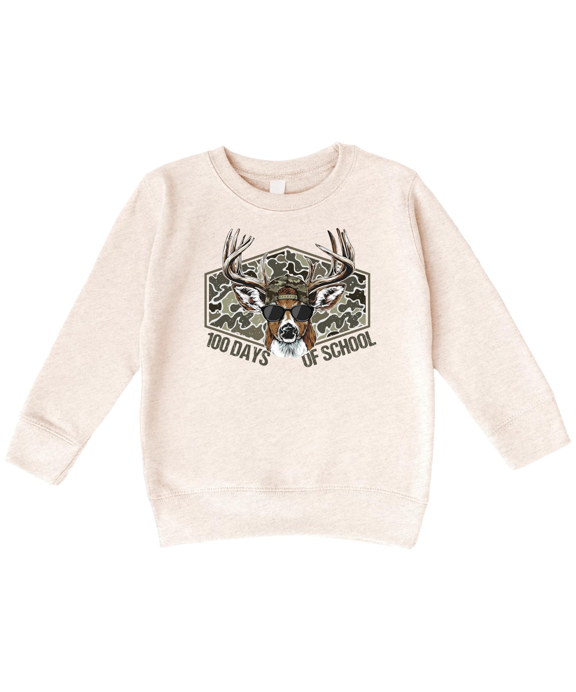 Full front view of 100 Days of School deer crewneck sweatshirt in white