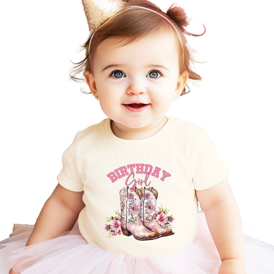 Flat lay of natural colored birthday girl western shirt showing full design and fit