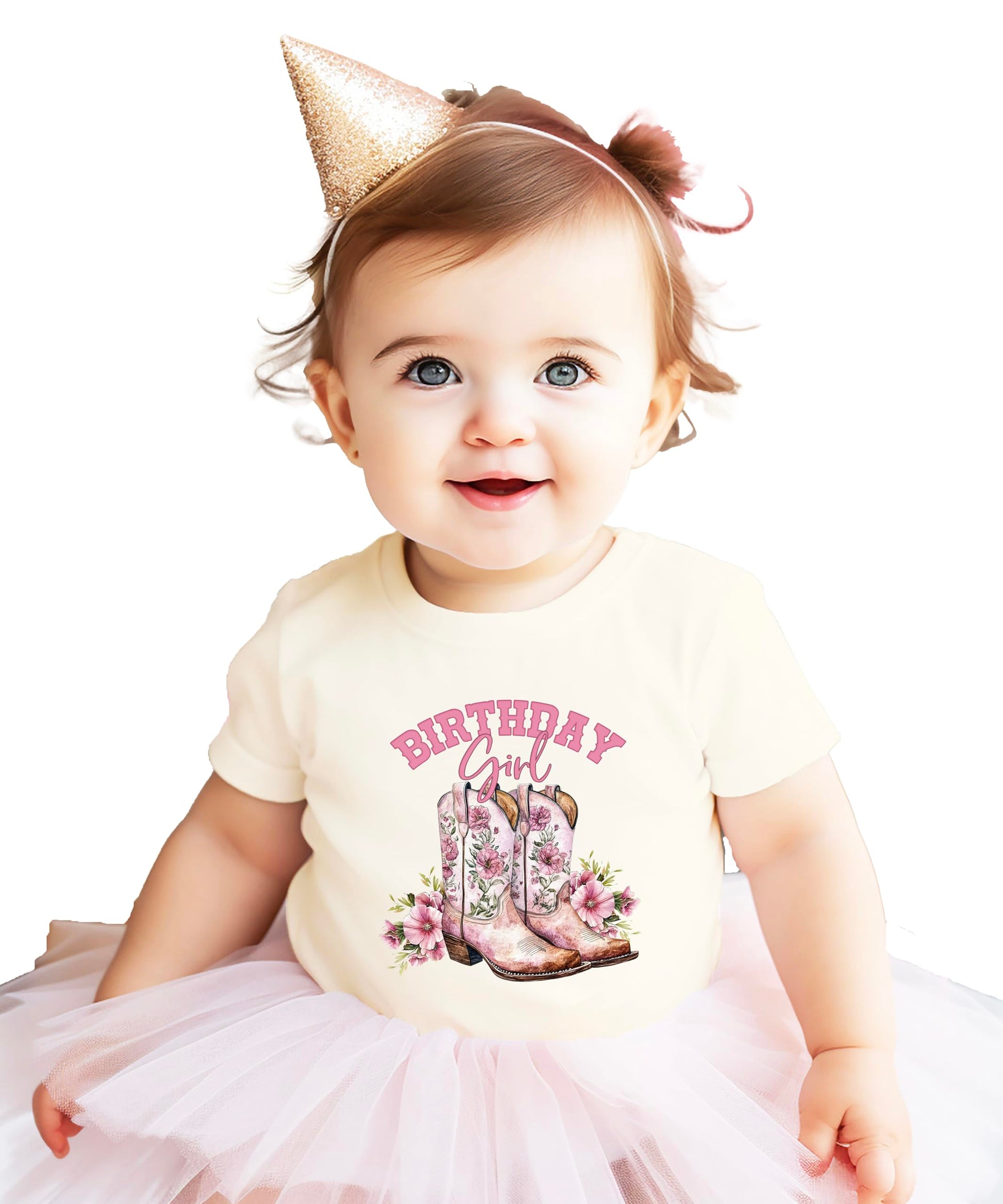 Flat lay of natural colored birthday girl western shirt showing full design and fit