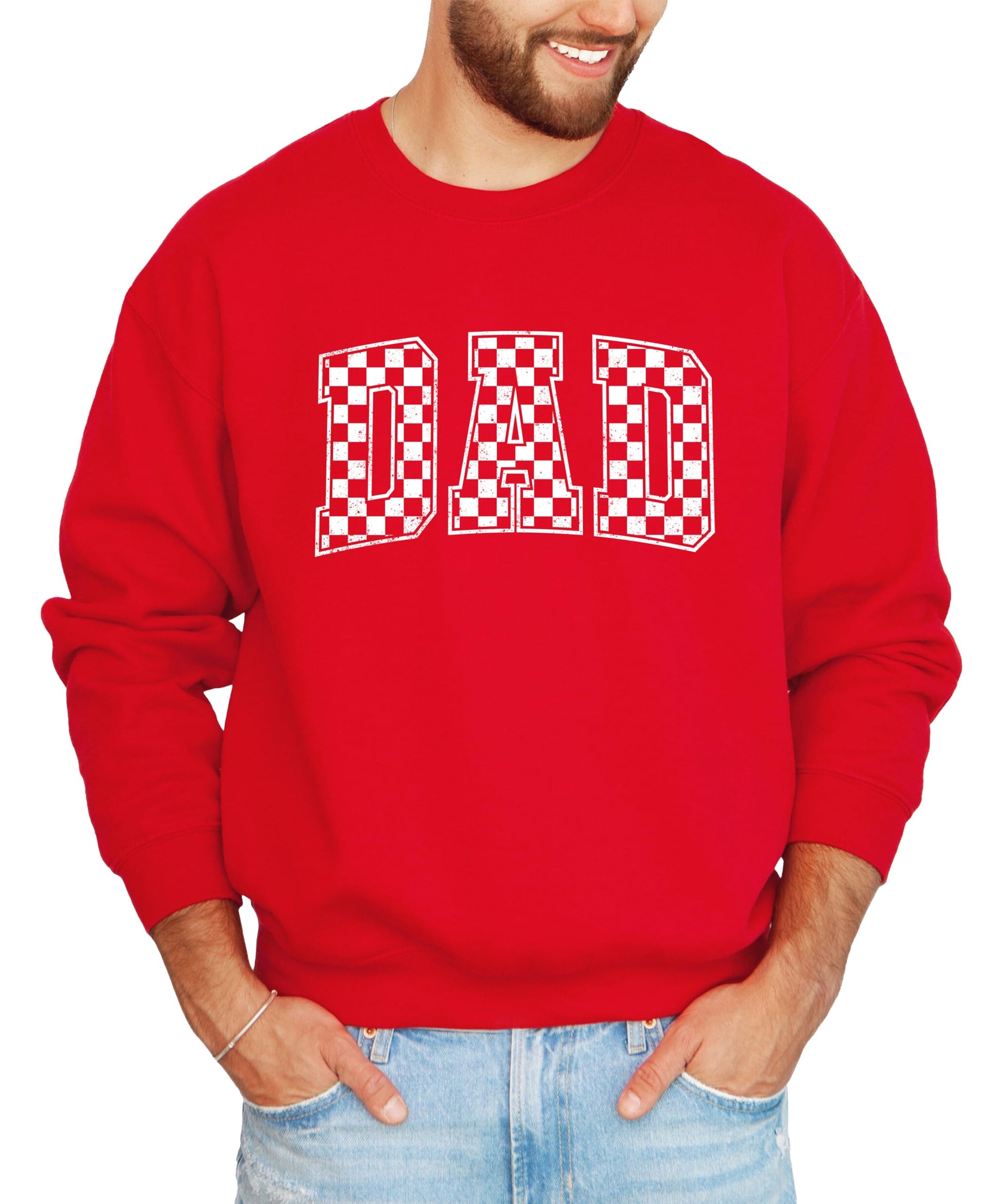 Dad checkered sweatshirt laid flat showing full front graphic design and pullover style