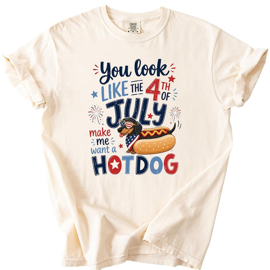 Close-up of dachshund wearing sunglasses in hot dog bun with American flag design and fireworks