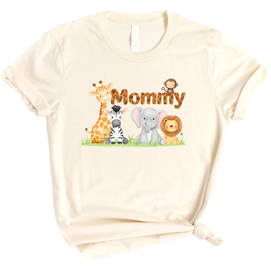 Close-up of safari animals graphic design on birthday shirt