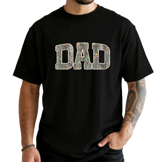 Back view of black dad camo shirt showing plain design and fit