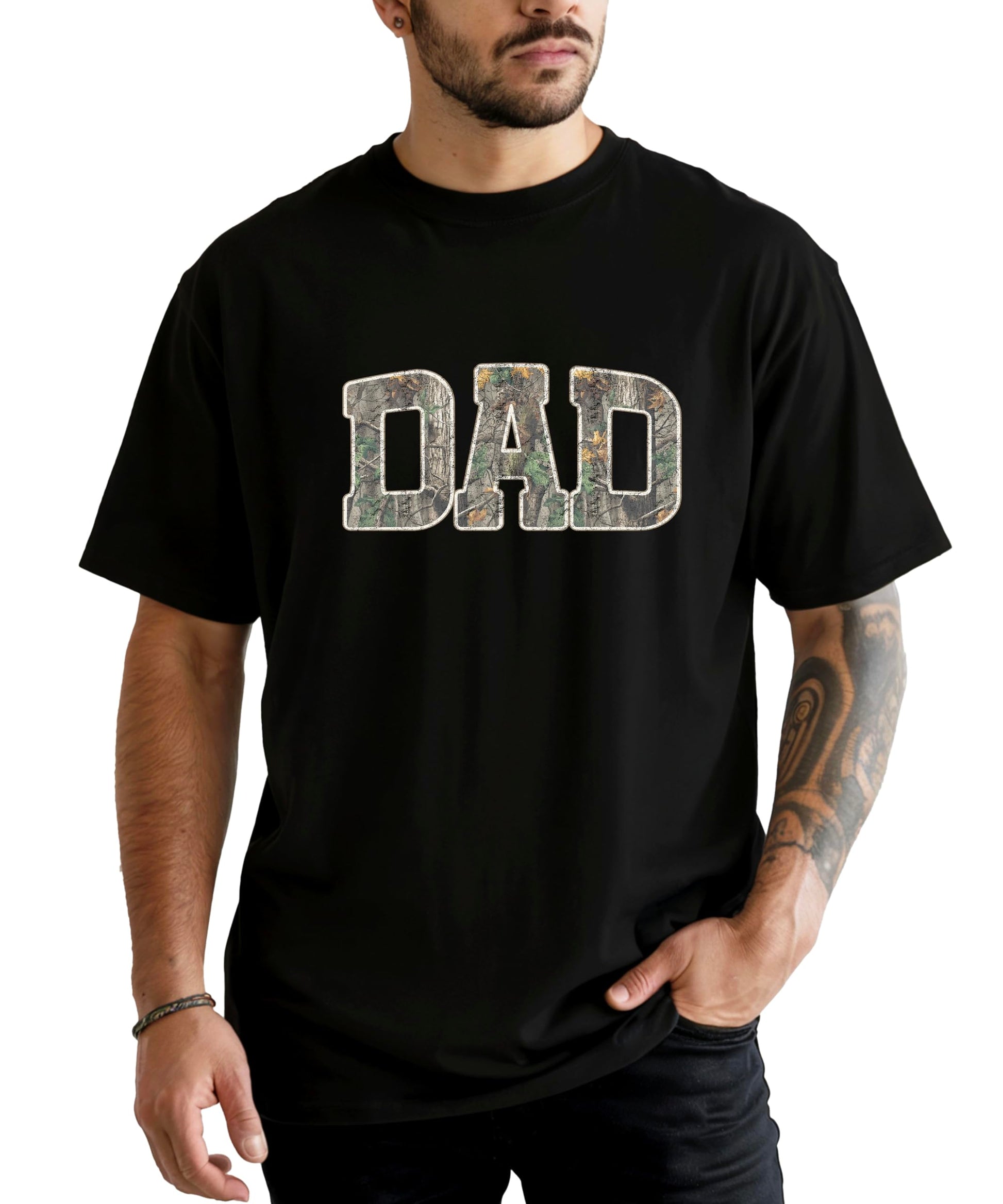 Back view of black dad camo shirt showing plain design and fit