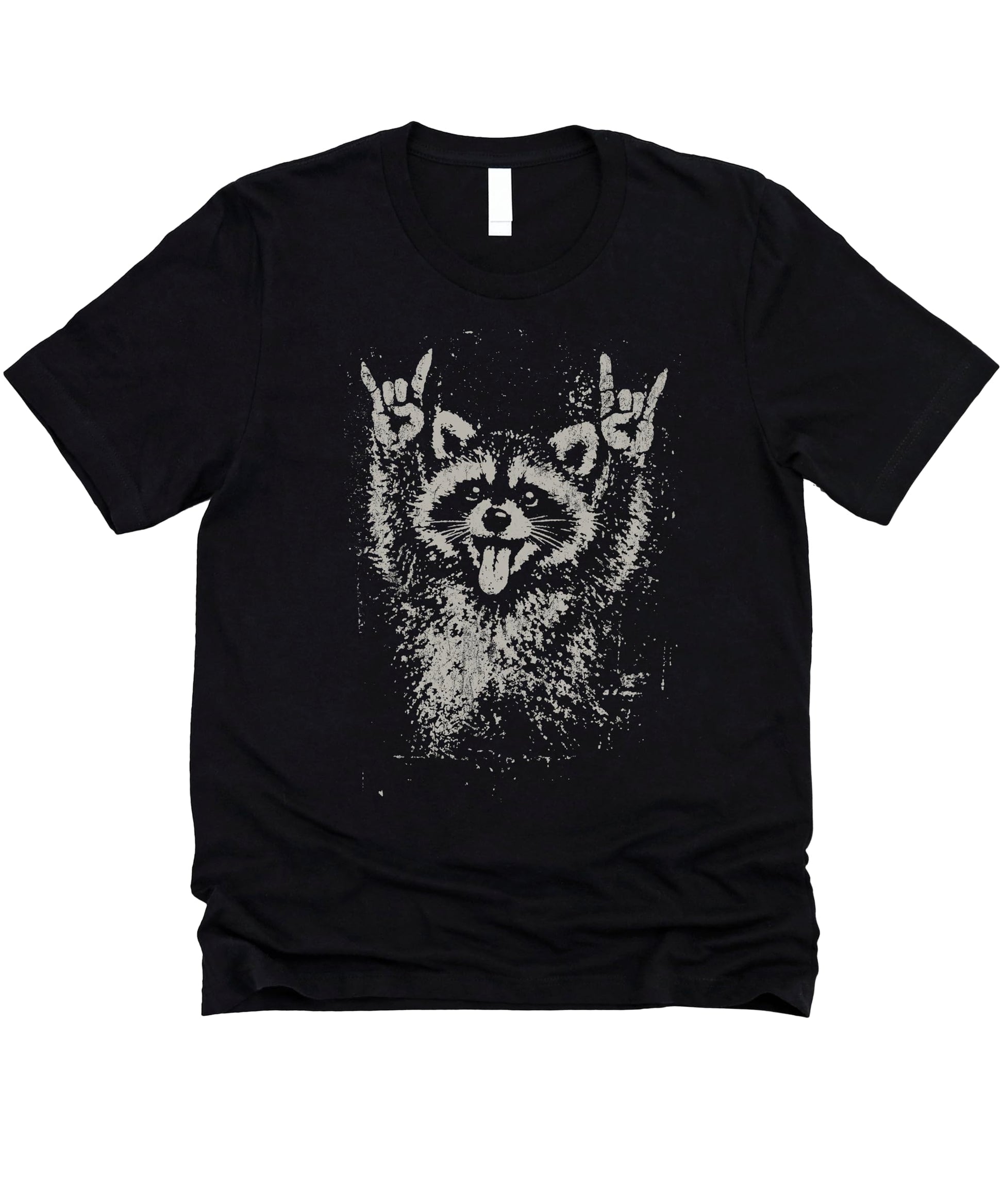 Funny punk raccoon shirt mockup showing retro-style raccoon with rock horns gesture on comfortable cotton tee