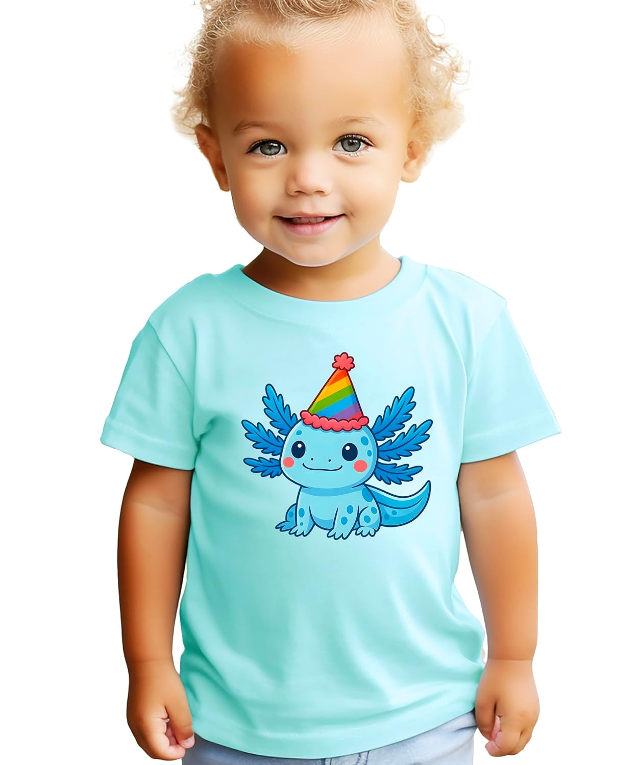 Kids birthday shirt with smiling blue axolotl wearing rainbow party hat on pink background