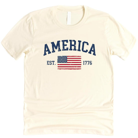 Back view of America Est 1776 patriotic shirt showing comfortable cotton fabric and fit