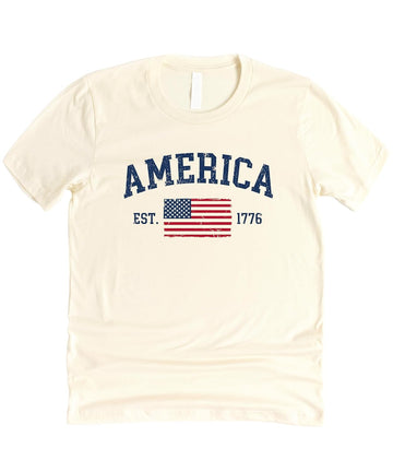 Back view of America Est 1776 patriotic shirt showing comfortable cotton fabric and fit