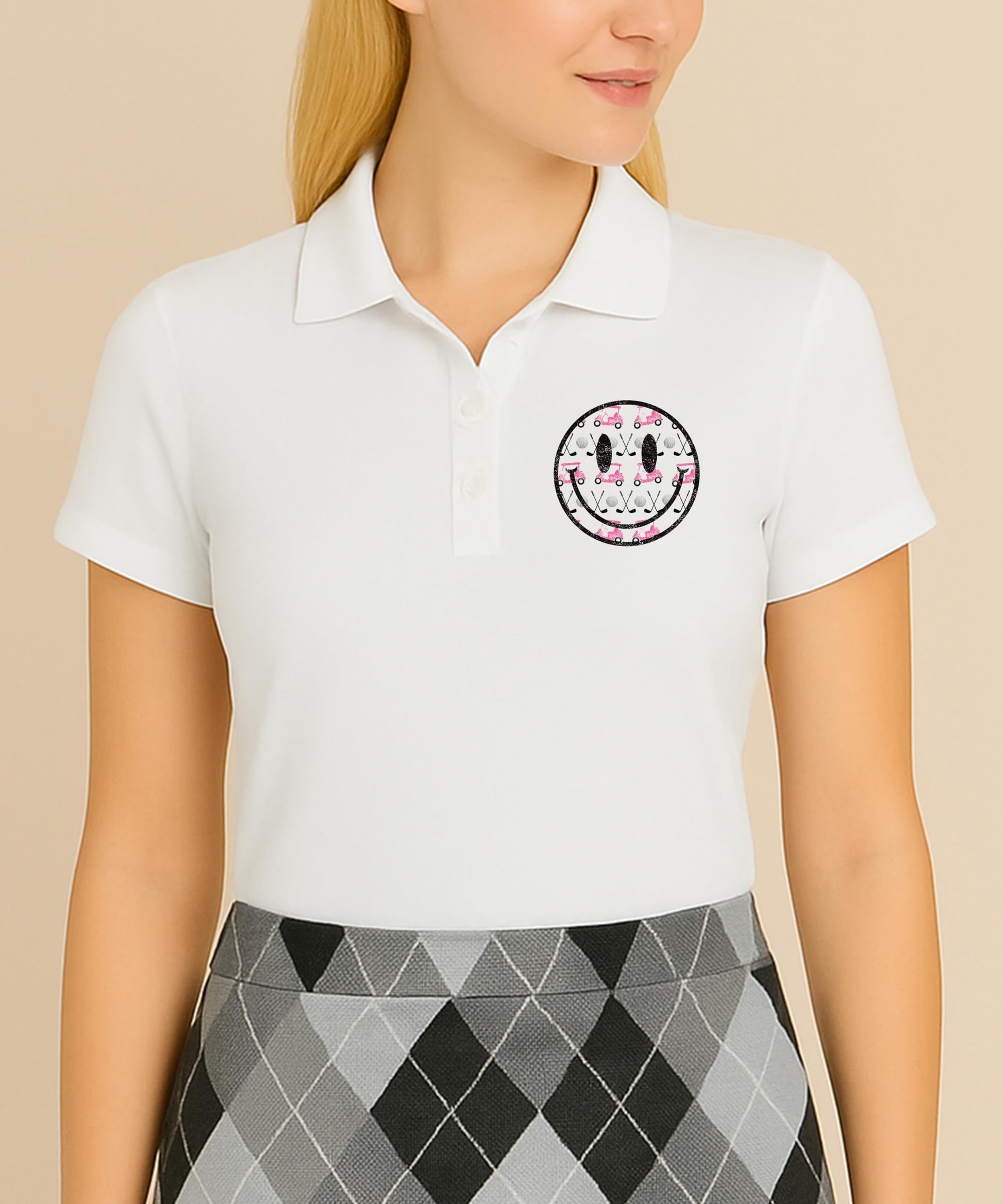 Detail shot of golf polo shirt collar and pink golf cart graphic