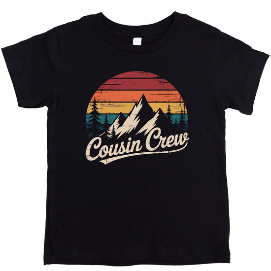 Black Cousin Crew retro mountain shirt with vintage sunset design and distressed graphics