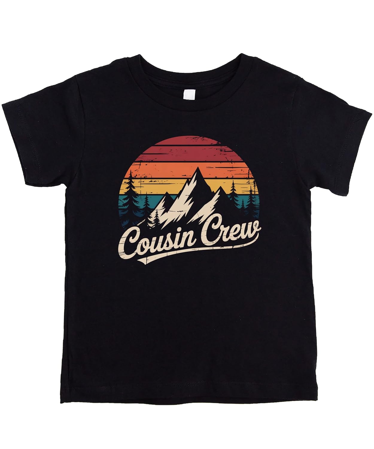 Black Cousin Crew retro mountain shirt with vintage sunset design and distressed graphics