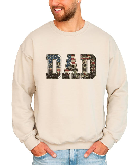 Close-up of varsity-style DAD lettering filled with distressed American flag and mountain landscape