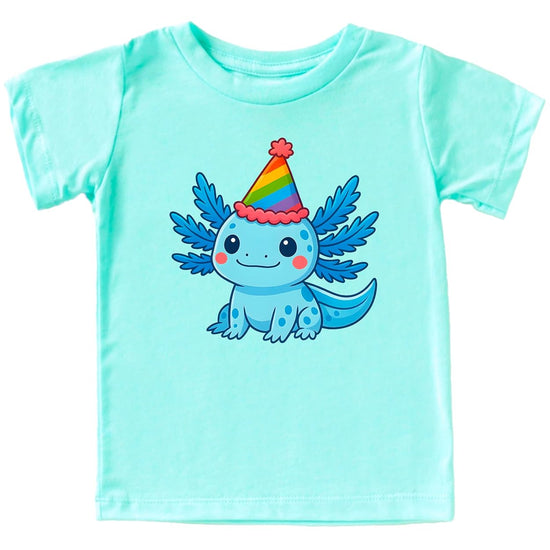Axolotl birthday shirt displayed flat showing kawaii party hat graphic on pink kids tee