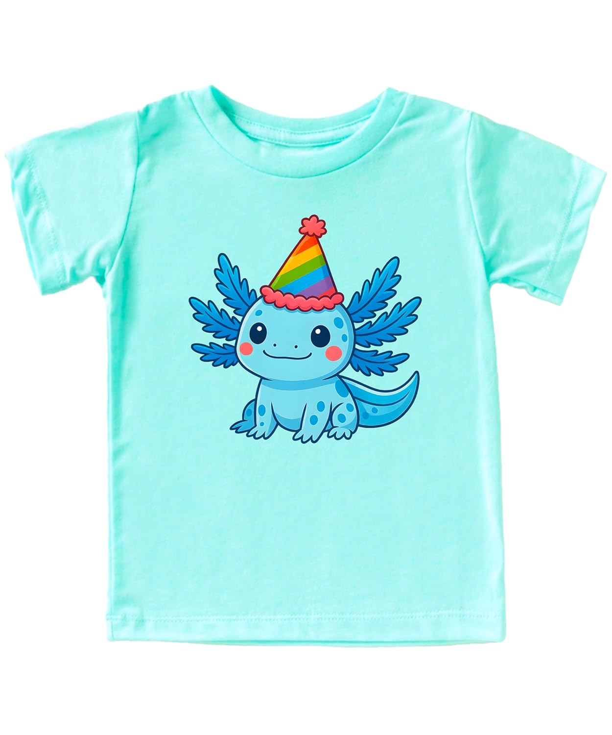 Axolotl birthday shirt displayed flat showing kawaii party hat graphic on pink kids tee