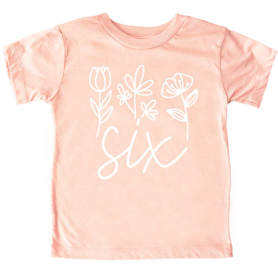 Floral 6th birthday shirt for toddler girls in mauve with white Six text and flower graphics
