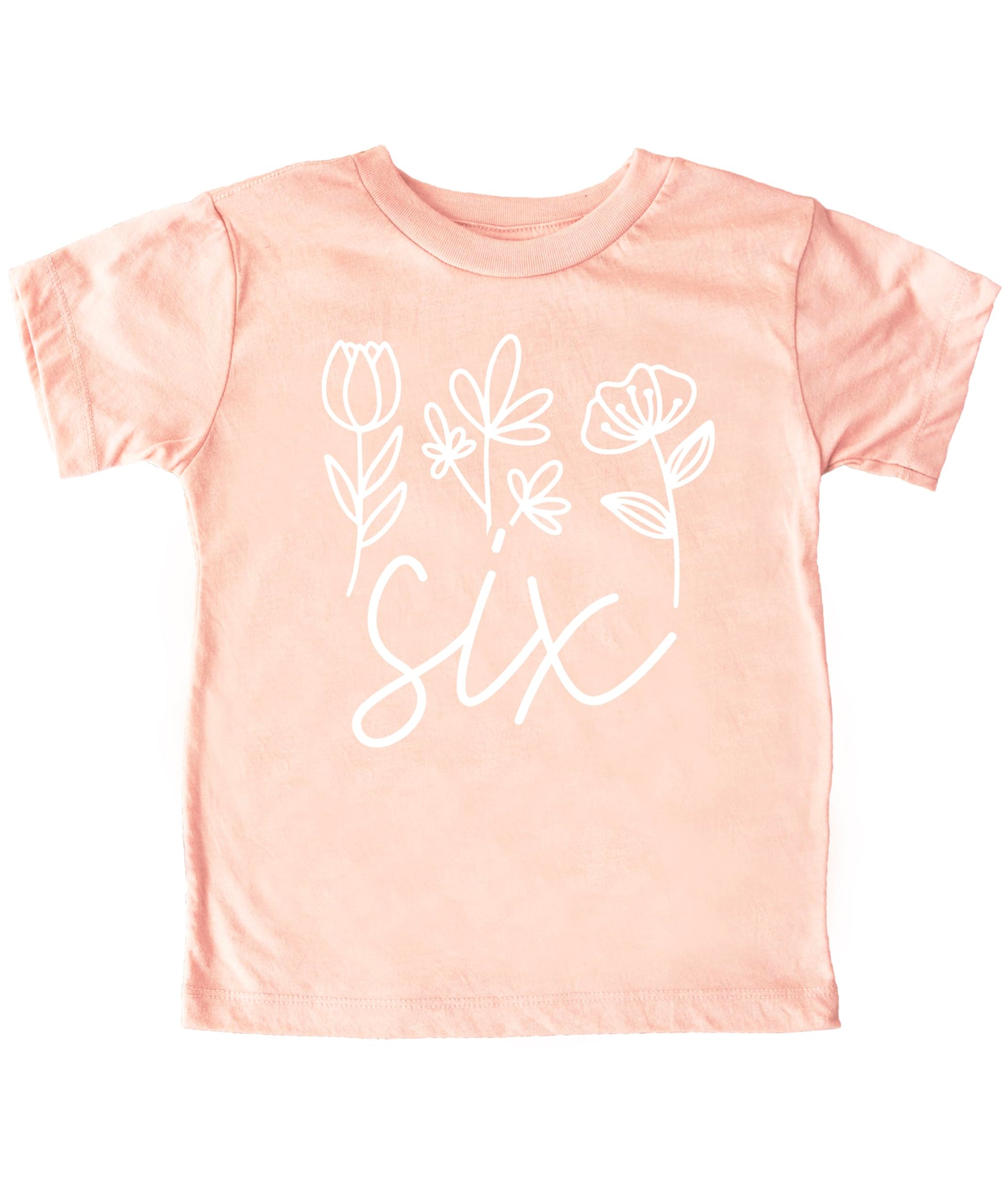 Floral 6th birthday shirt for toddler girls in mauve with white Six text and flower graphics