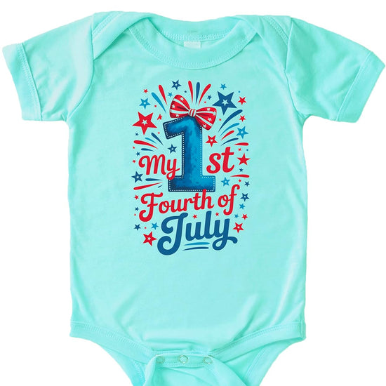 Natural baby bodysuit with My 1st Fourth of July text, red white blue stars and fireworks design