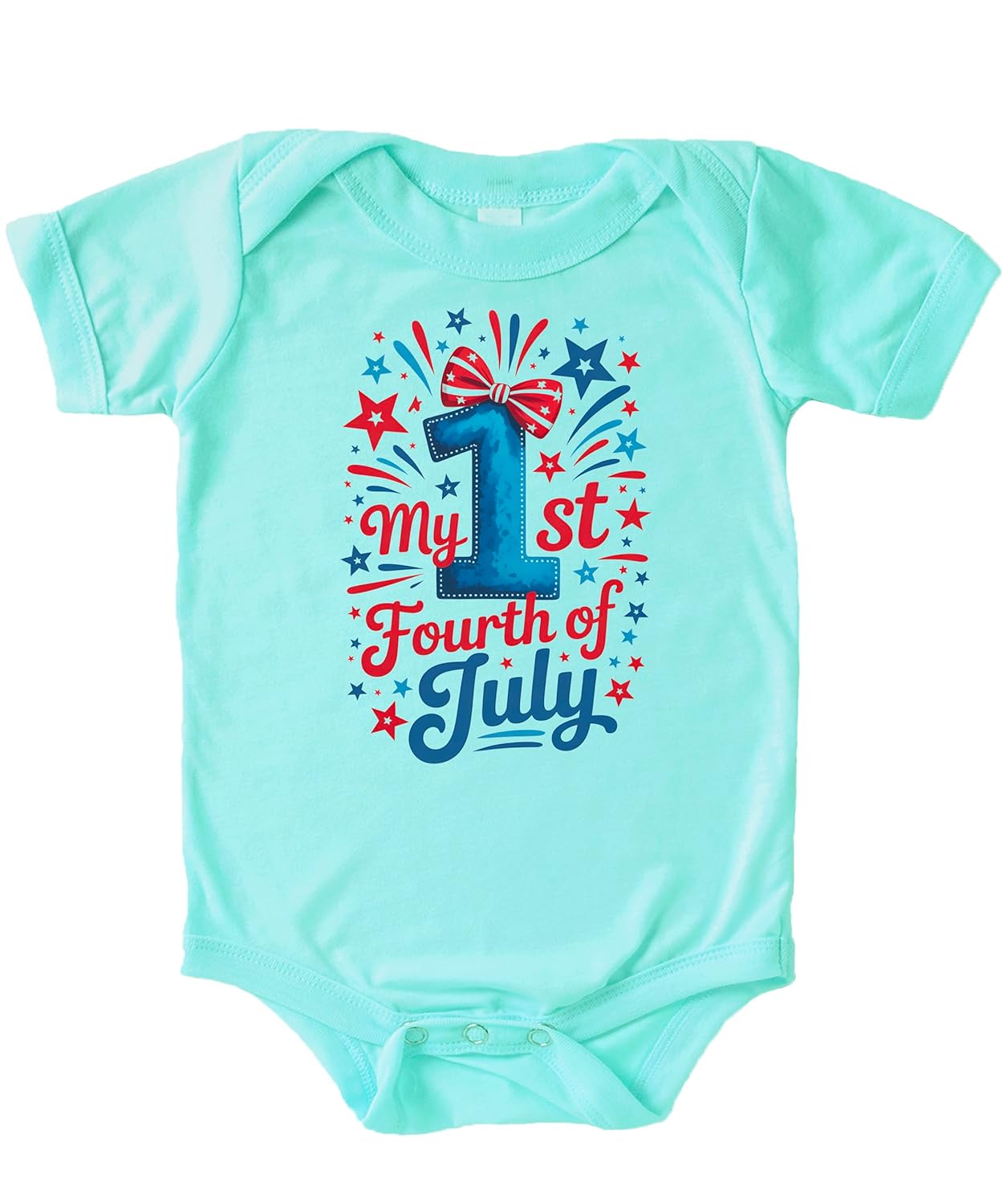 Natural baby bodysuit with My 1st Fourth of July text, red white blue stars and fireworks design