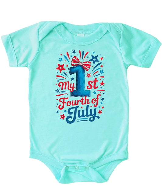 Natural baby bodysuit with My 1st Fourth of July text, red white blue stars and fireworks design