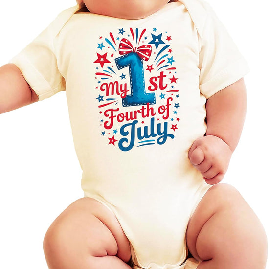Product packaging or alternative angle of My 1st Fourth of July patriotic baby bodysuit