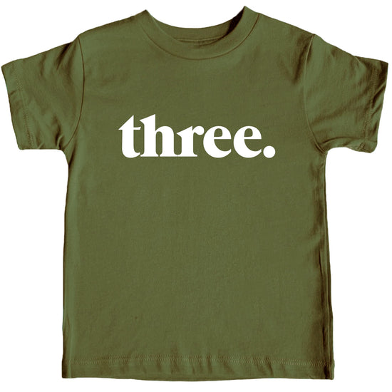 Toddler wearing black Three Period 3rd birthday shirt front view