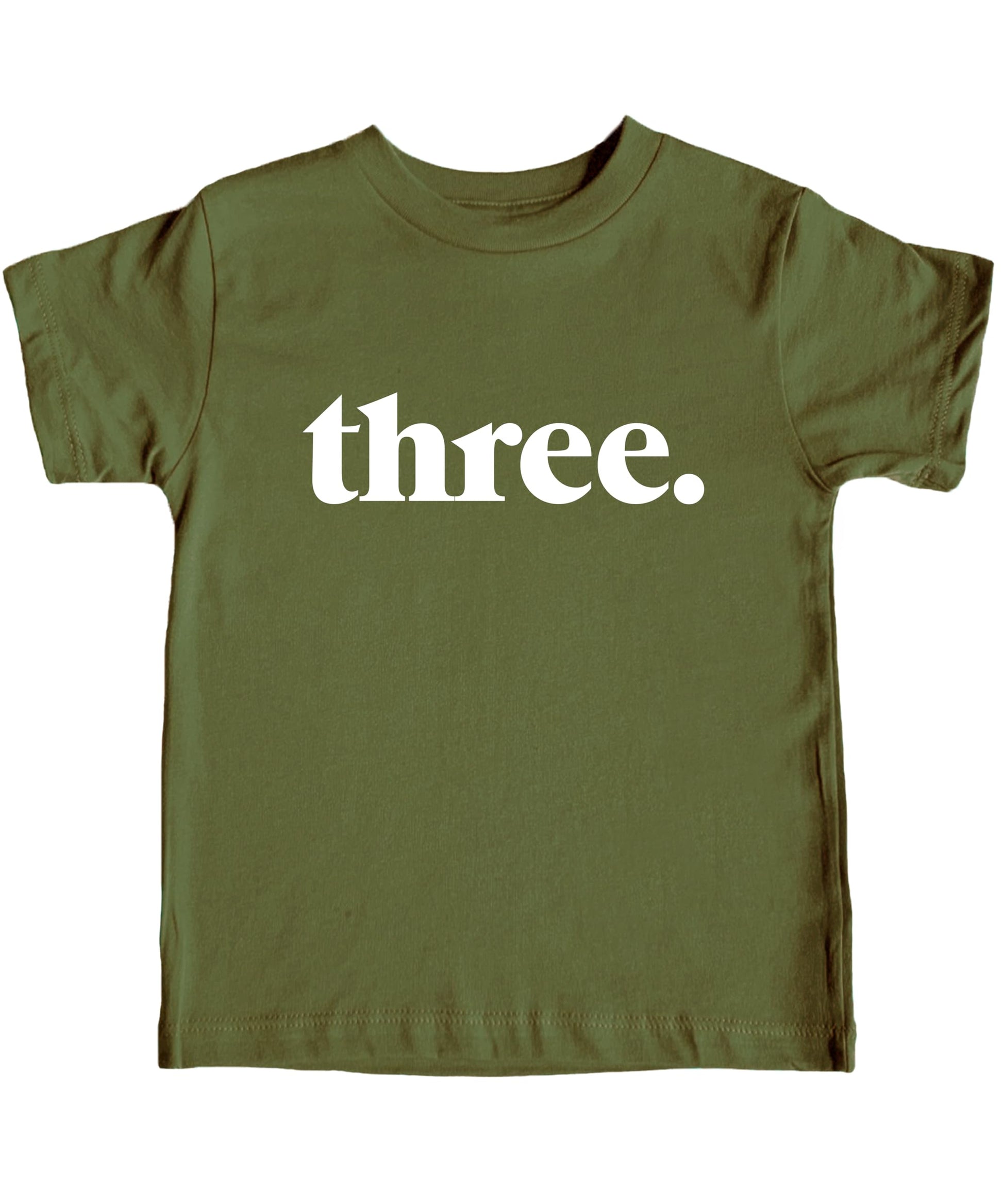 Toddler wearing black Three Period 3rd birthday shirt front view