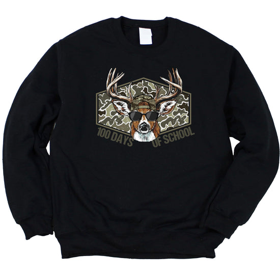 Close-up of cool buck deer graphic with camouflage pattern and sunglasses on white sweatshirt