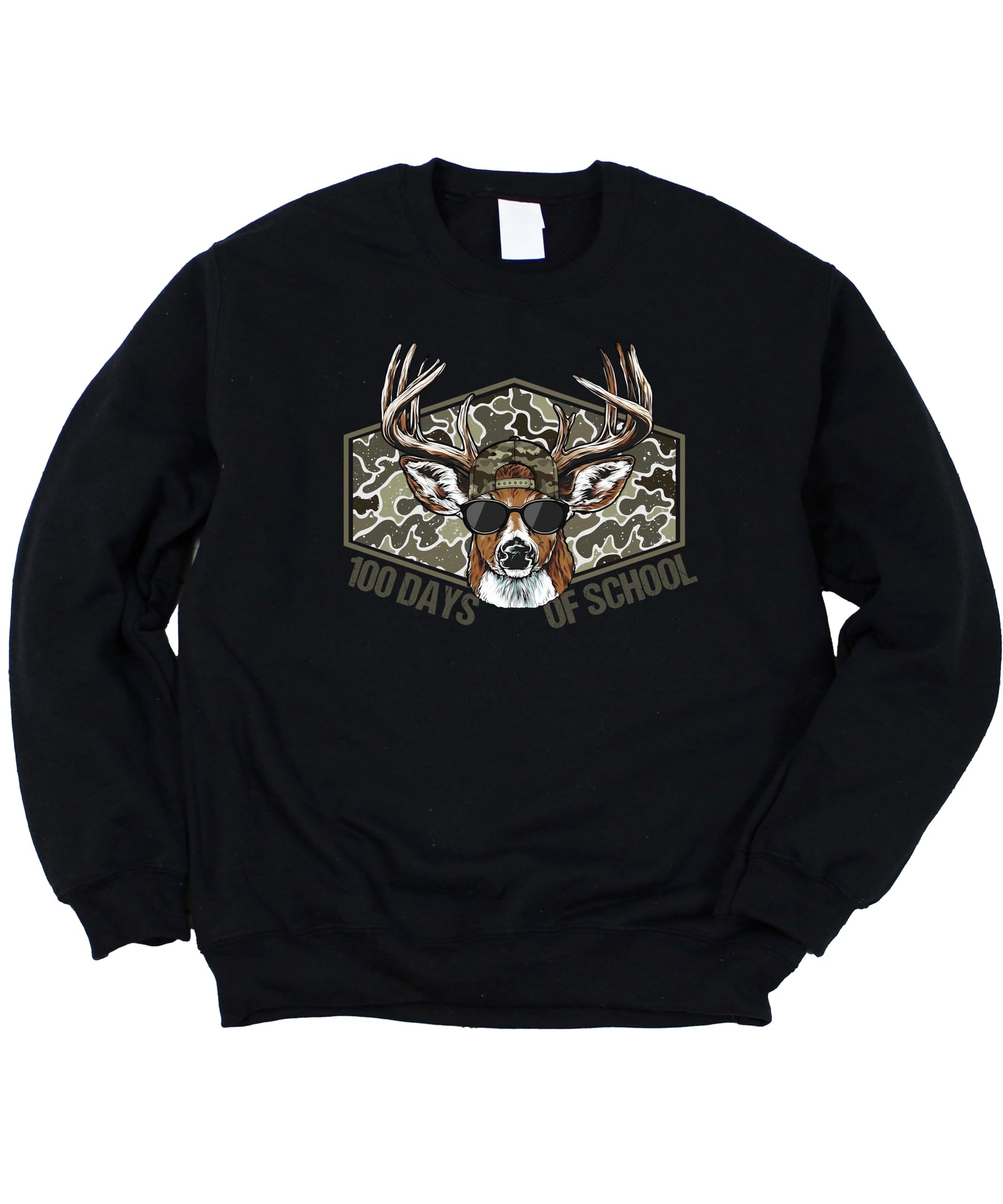 Close-up of cool buck deer graphic with camouflage pattern and sunglasses on white sweatshirt