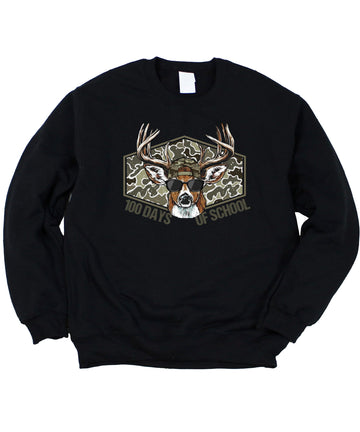 Close-up of cool buck deer graphic with camouflage pattern and sunglasses on white sweatshirt