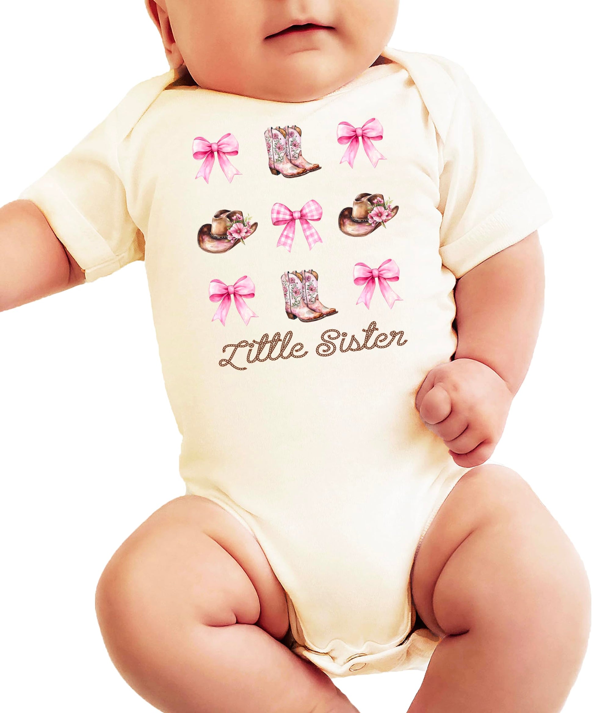 Baby bodysuit laid flat displaying full western-themed Little Sister graphic design