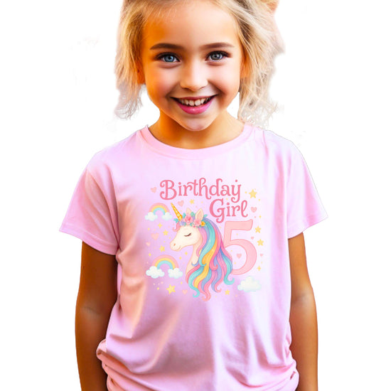 5th birthday unicorn shirt product shot showing soft pink and pastel color scheme