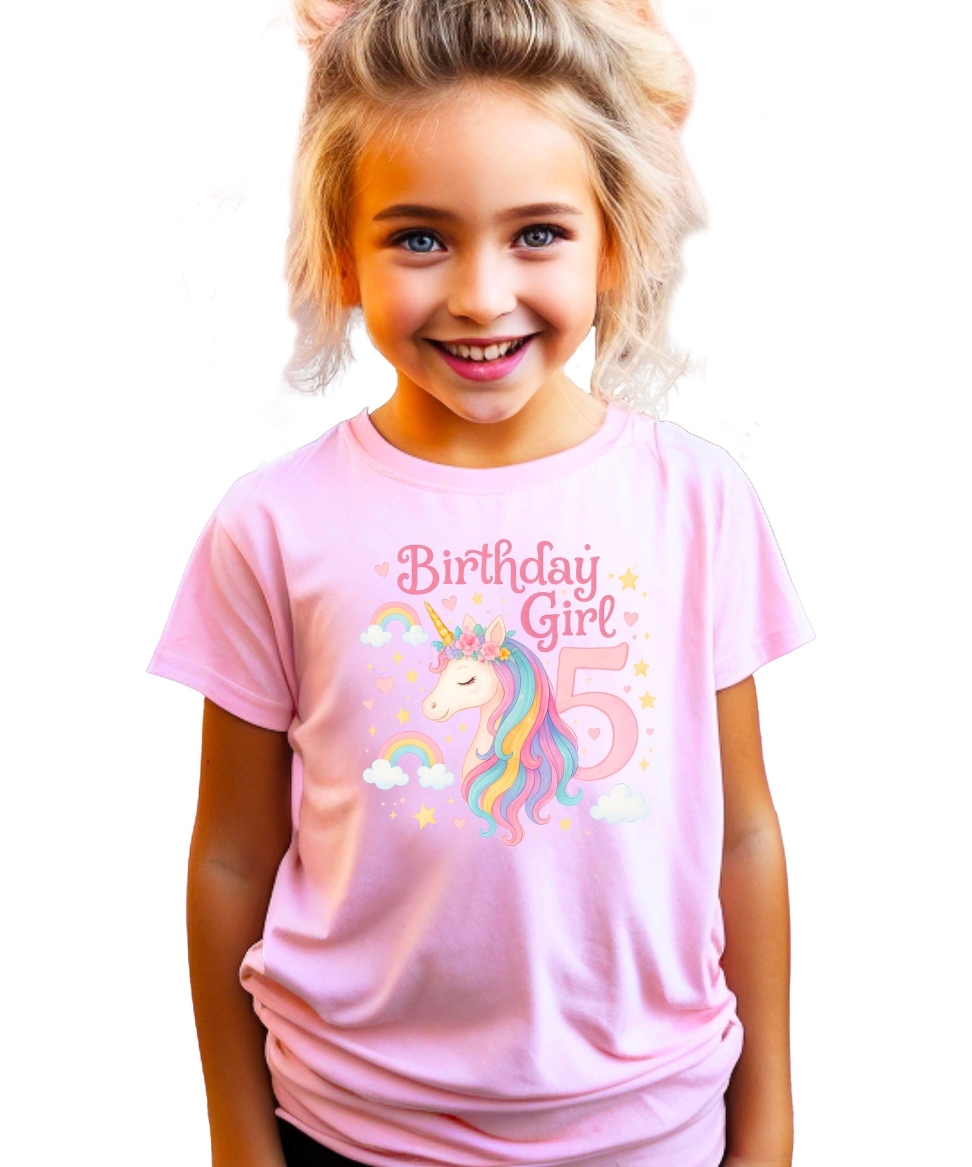 5th birthday unicorn shirt product shot showing soft pink and pastel color scheme