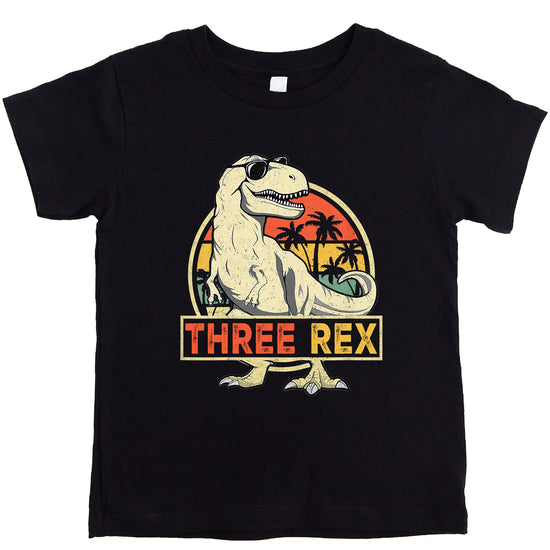 Black Three Rex 3rd birthday dinosaur t-shirt with colorful T-Rex graphic for toddlers