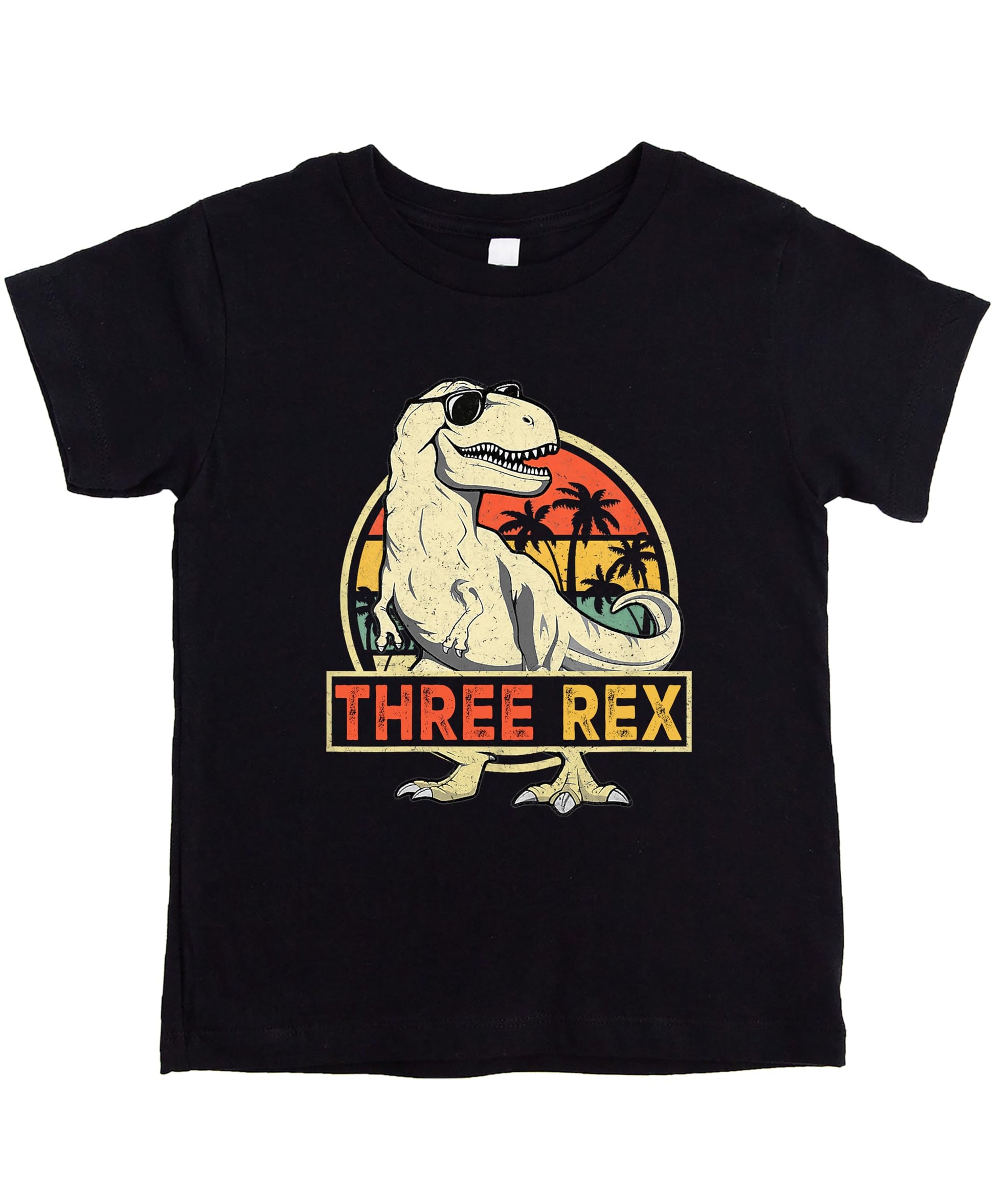 Black Three Rex 3rd birthday dinosaur t-shirt with colorful T-Rex graphic for toddlers