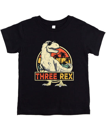 Black Three Rex 3rd birthday dinosaur t-shirt with colorful T-Rex graphic for toddlers