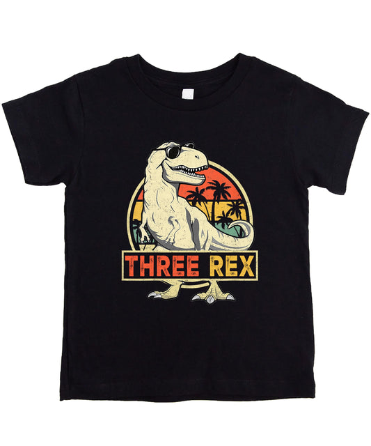Black Three Rex 3rd birthday dinosaur t-shirt with colorful T-Rex graphic for toddlers