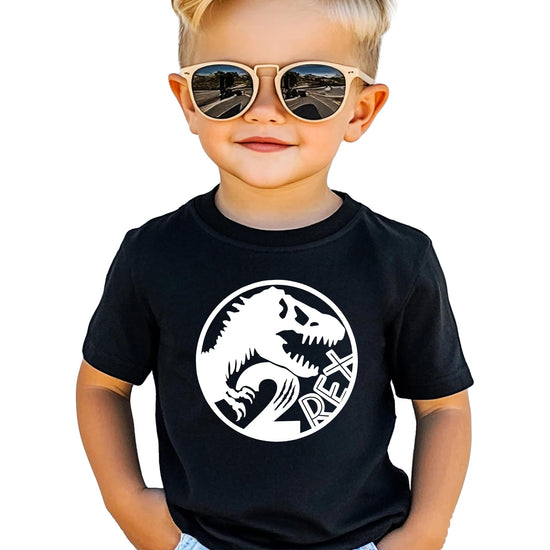 Black 2 Rex 2nd birthday shirt with orange T-Rex dinosaur graphic design for toddlers