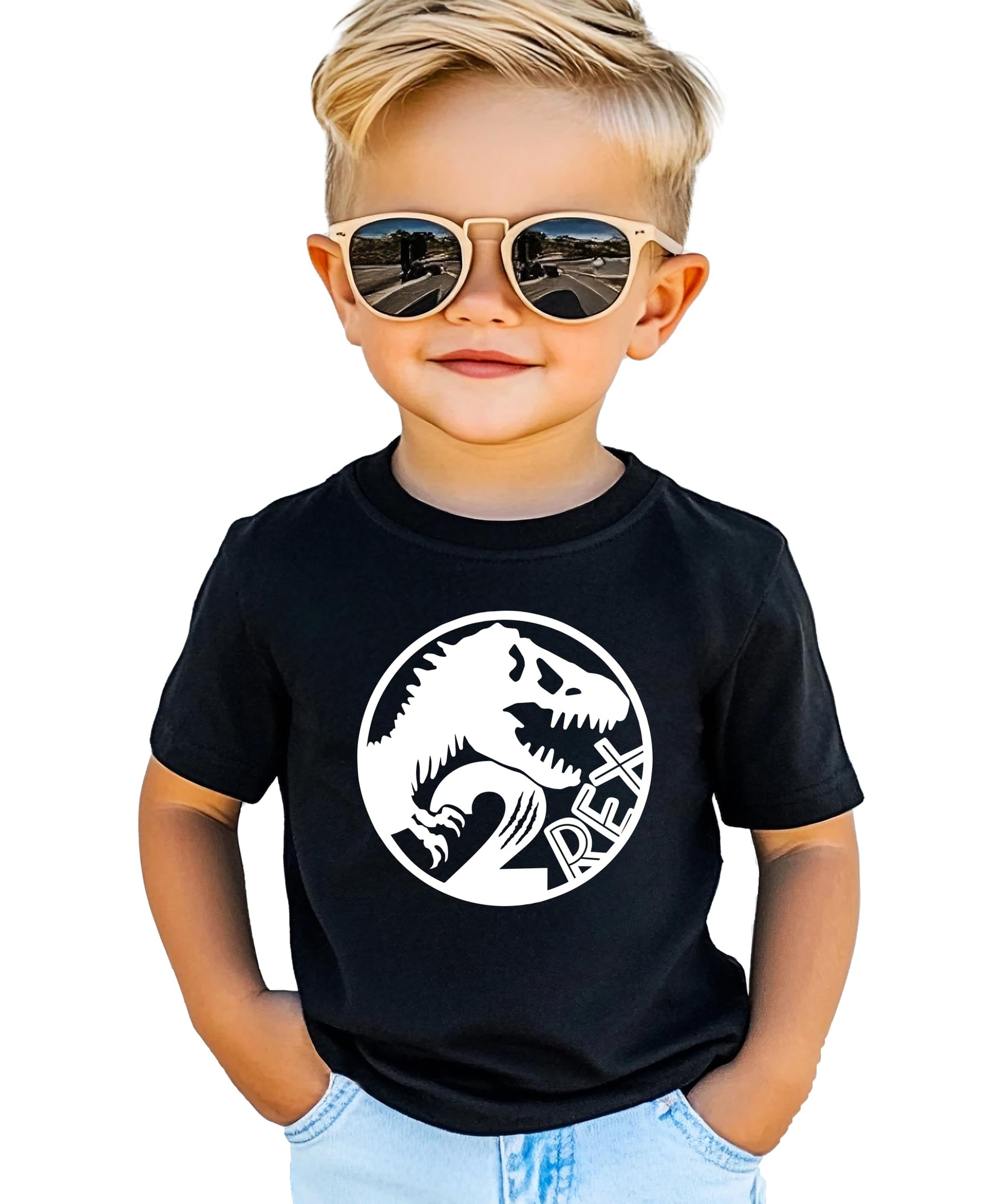 Black 2 Rex 2nd birthday shirt with orange T-Rex dinosaur graphic design for toddlers