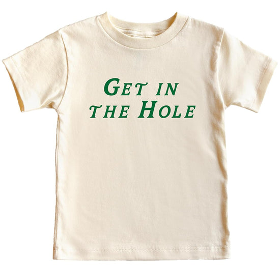 Close-up view of Get in the Hole text design on golf tournament shirt
