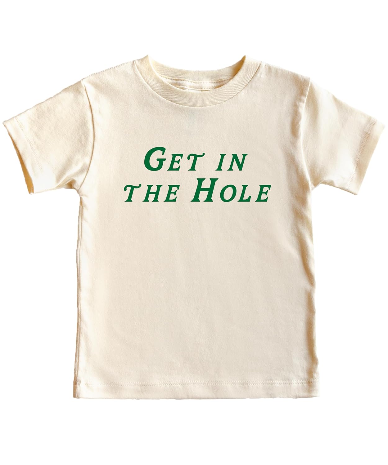 Close-up view of Get in the Hole text design on golf tournament shirt
