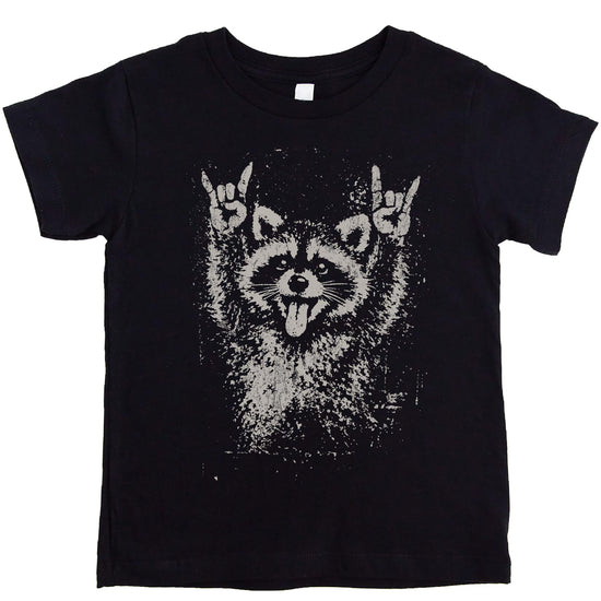 Rock and roll raccoon graphic tee with distressed vintage raccoon throwing up rock hand signs on heather gray shirt