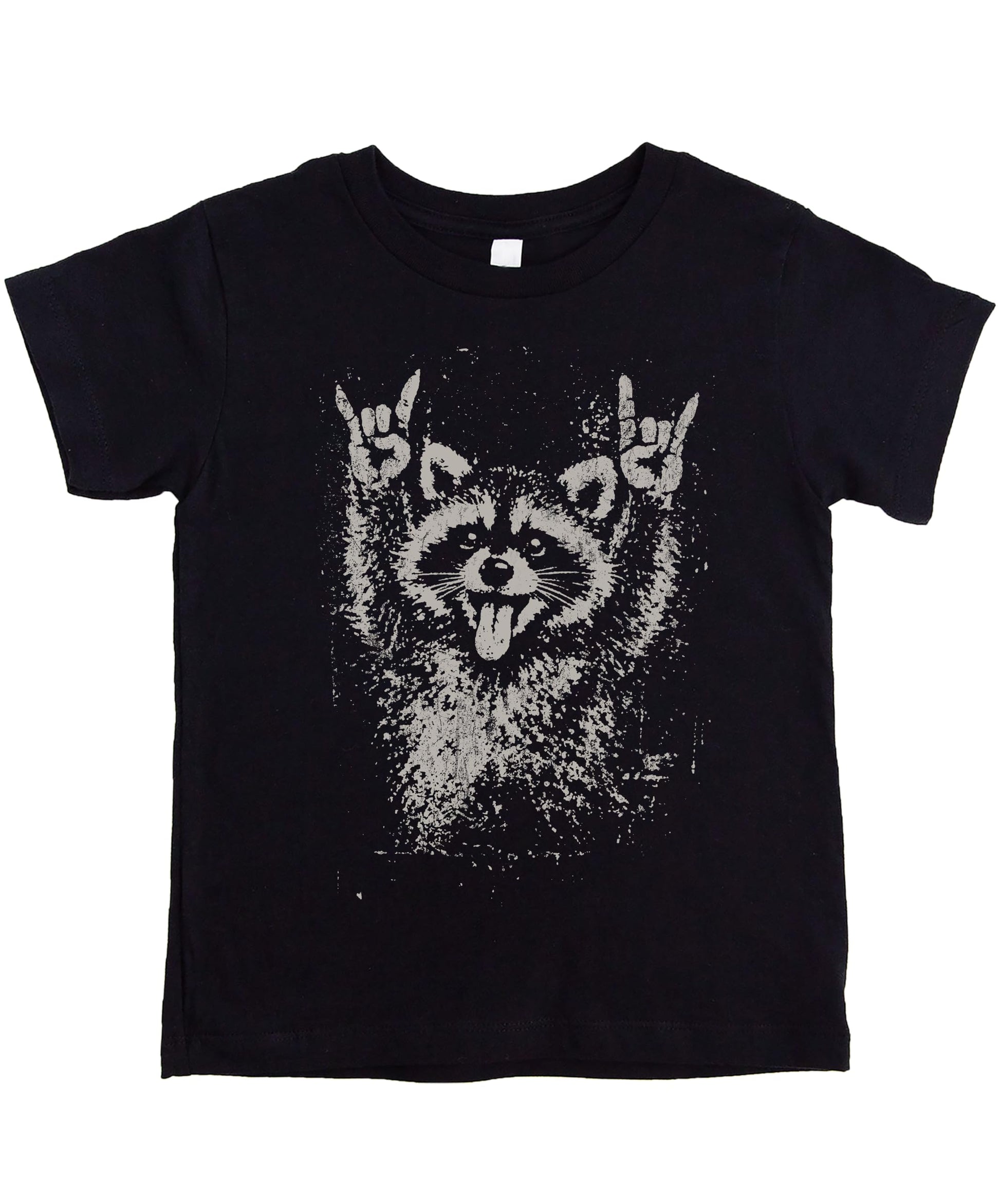 Rock and roll raccoon graphic tee with distressed vintage raccoon throwing up rock hand signs on heather gray shirt