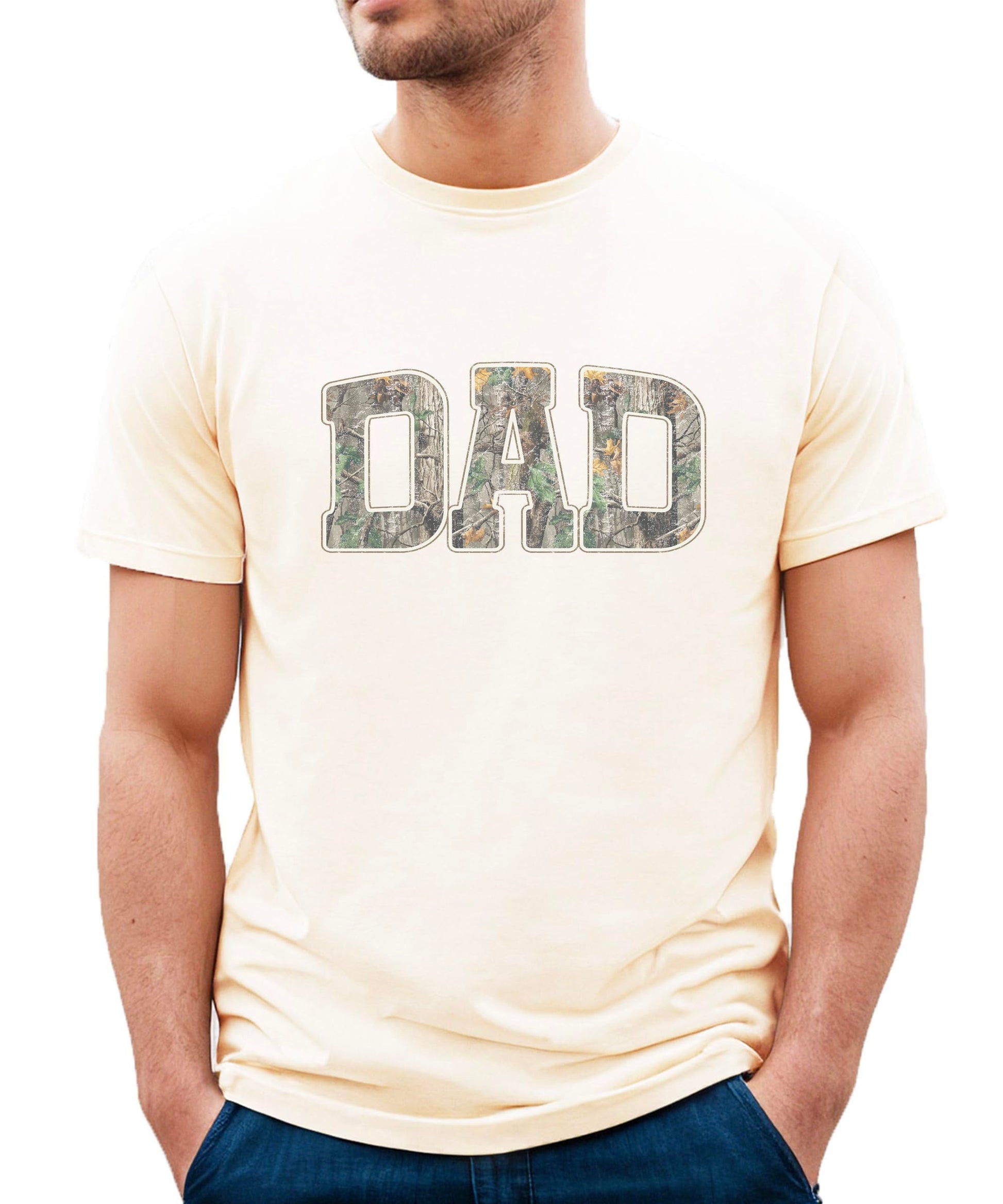 Product detail shot of camo DAD text on black men's graphic tee